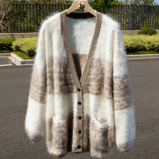 真拉绒！加厚拼色A规100%纯山羊绒针织开衫女V领中长款外套