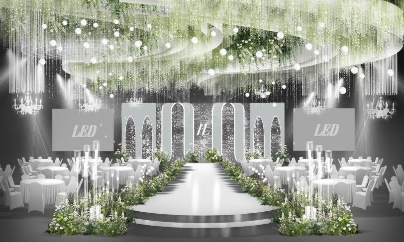 水晶婚礼秀场风韩式婚庆舞台设计效果图带吊顶psd制作印刷图资料