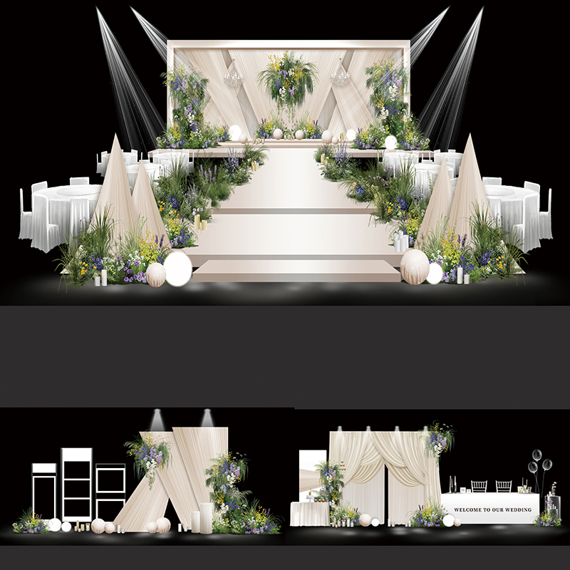 婚庆舞台背景设计PSD效果图婚礼现场布置花卉装饰白绿色迎宾签到