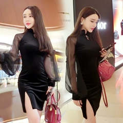 2018 mùa thu mới Hàn Quốc in ấn tie xếp li váy dài lá sen tay áo V-Cổ đi lại hoa màu jumpsuit váy váy xoắn bụng