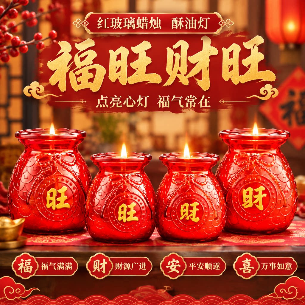 红福旺财旺酥油灯家用供佛灯无烟玻璃杯酥油蜡烛过年节日供奉佳品