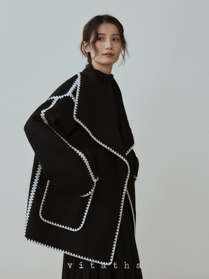 番塔塔重磅羊绒羊毛贝壳绣大衣