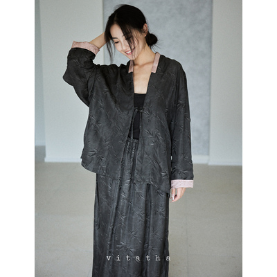 Vitatha番塔塔 一叶 新中式提花暗纹开襟拼色系带上衣半裙套装