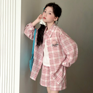 背心三件套童装 新款 儿童薄款 女童夏季 外套套装 短裤 宽松长袖 潮 衬衫