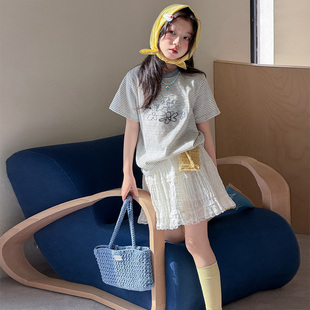 女童夏季短袖T恤套装童装新款儿童洋气薄款休闲上衣短裙两件套潮