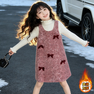 女童冬季加棉背心裙套装2025新款儿童针织毛衣打底衫中长裙两件套