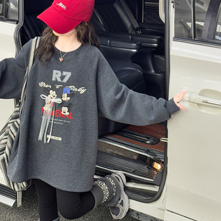 女童秋冬加绒中长款卫衣2025新款儿童宽松保暖打底衫上衣韩版洋气