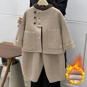 两件套弯刀裤 女童毛呢外套男童呢子大衣长裤 秋冬加绒呢子套装 童装