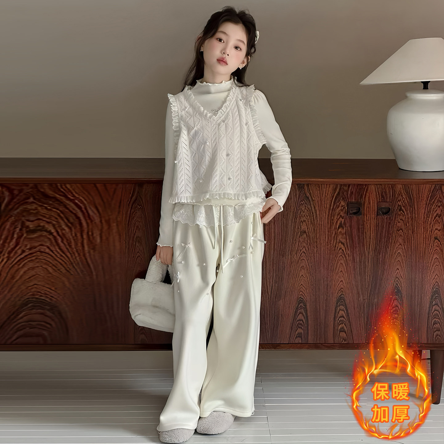 女童秋冬蕾丝背心套装2025新款儿童长袖打底衫马甲阔腿裤子三件套,童装/婴儿装/亲子装,套装,淘宝优惠券,粉丝福利购,淘宝优惠卷