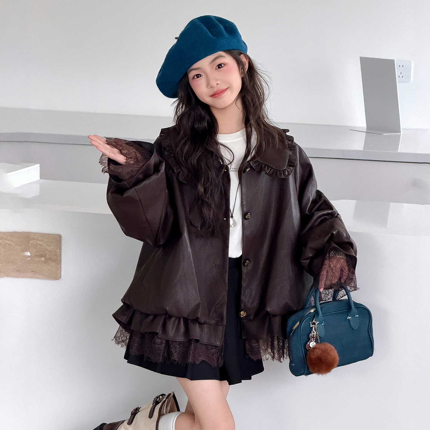 女童秋季皮衣外套童装新款女孩翻领休闲蕾丝夹克洋气韩版PU皮上衣