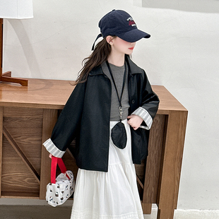 PU皮风衣韩版 儿童女孩翻领宽松中长款 潮 皮衣外套2025新款 女童秋装