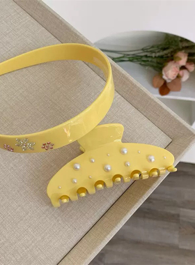 emijay同款黄色花花水钻发箍夏日醋酸抓夹鲨鱼夹宽版头箍发饰女