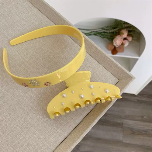 emijay同款黄色花花水钻发箍夏日醋酸抓夹鲨鱼夹宽版头箍发饰女