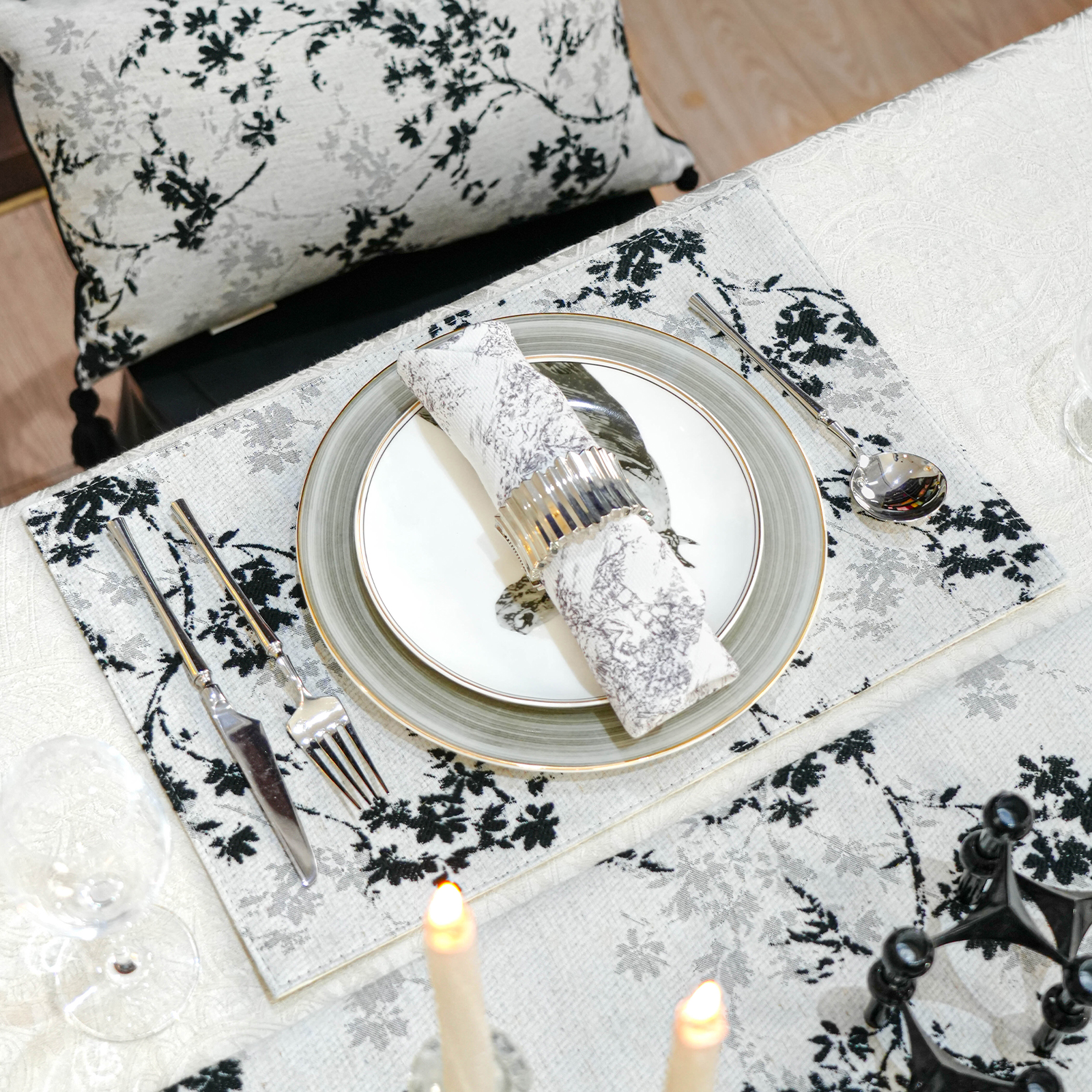 【念薇】法式中古风餐垫氛围感布艺黑白山水画餐盘碗垫高级感