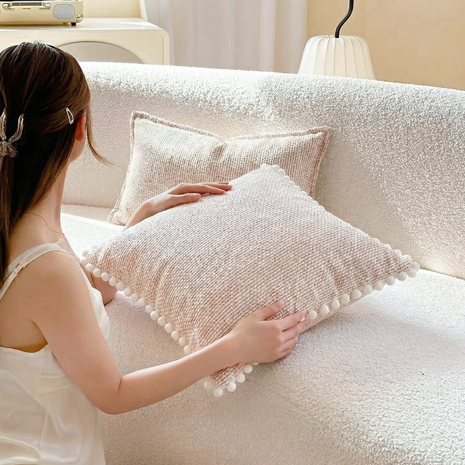 粉色抱枕ins法式风少女棉麻质感提花氛围感沙发客厅卧室腰枕靠枕