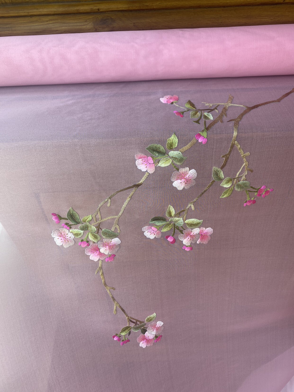 桃花真丝绡桑蚕丝苏绣衣料老绣手绣面料布料汉服来料旗袍中式