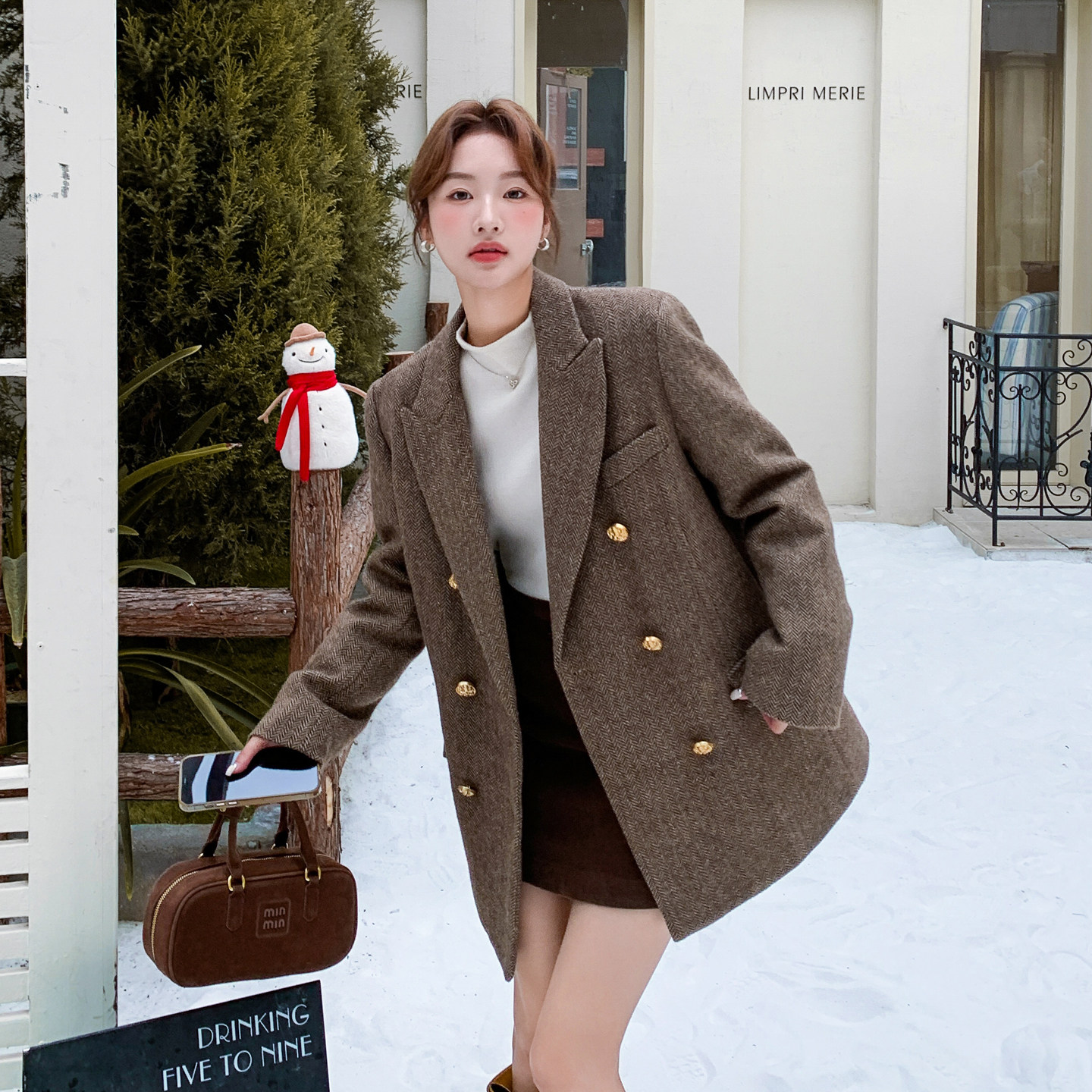 老钱风毛呢西装外套女2025新款冬季加厚羽绒内胆人字纹毛呢西装女