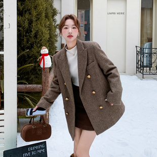 老钱风毛呢西装外套女2025新款冬季加厚羽绒内胆人字纹毛呢西装女