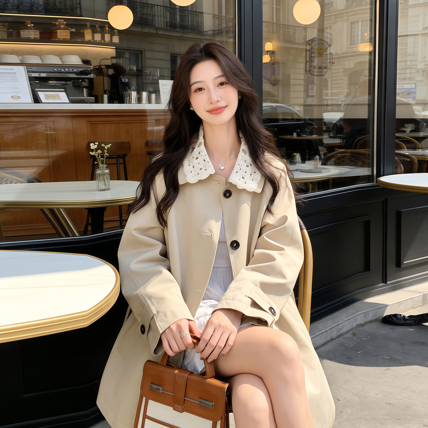 卡其色风衣外套女春装2026新款超好看蕾丝拼接休闲显瘦小个子大衣