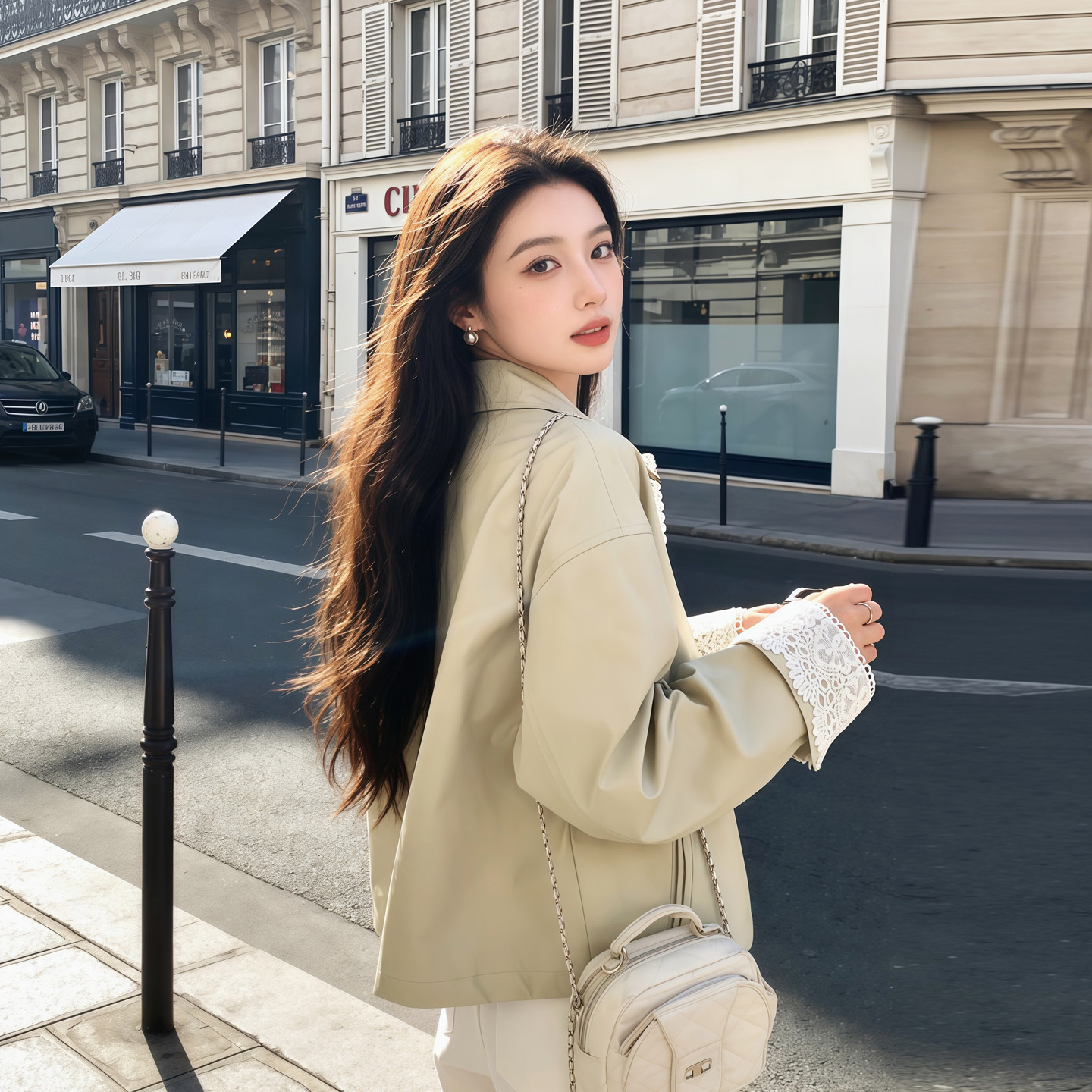 米绿色皮衣外套女春装2026新款超好看蕾丝拼接PU皮夹克上衣小个子