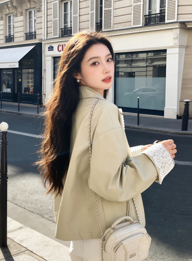 米绿色皮衣外套女春装2026新款超好看蕾丝拼接PU皮夹克上衣小个子