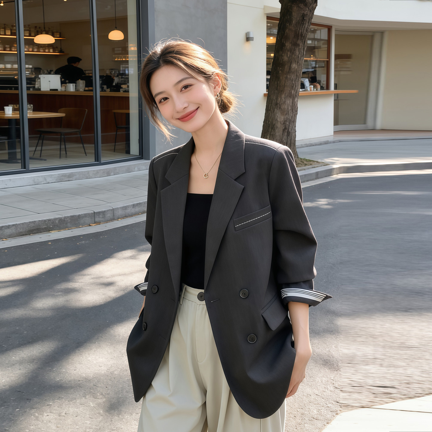 灰色西装外套女款春装2026新款高级感宽松休闲小西服上衣女小个子
