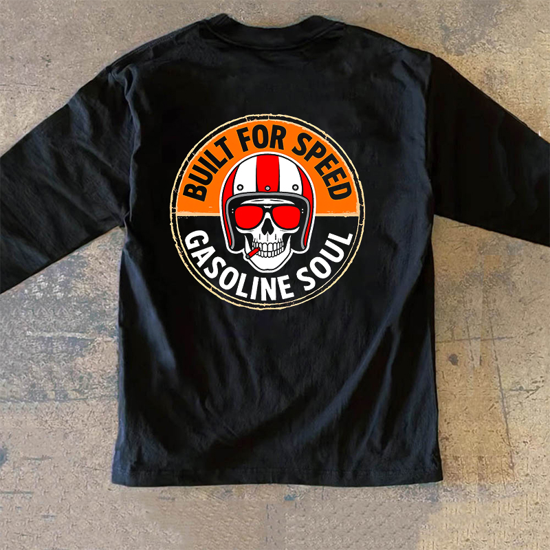 Adonis 100% 纯棉重磅300克短袖机车风骷髅头盔印花街头风长袖T恤