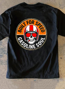 Adonis 100% 纯棉重磅300克短袖机车风骷髅头盔印花街头风长袖T恤