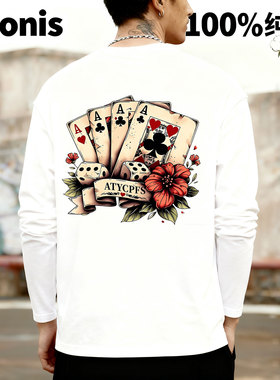Adonis 100%纯棉重磅300克短袖创意扑克骰子花纹设计复古长袖T恤