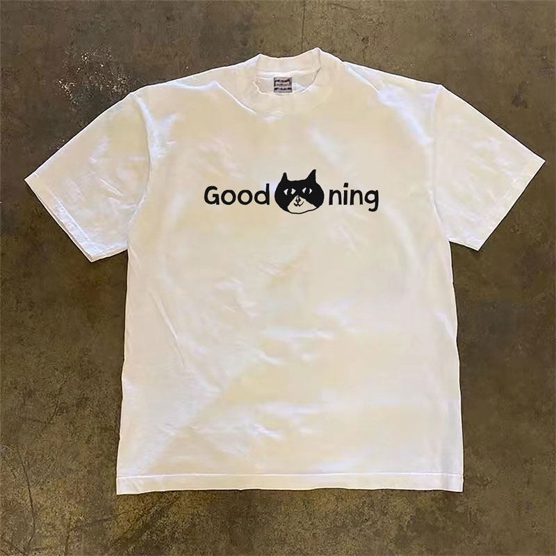 Adonis 100% 纯棉 300 克重磅圆领猫咪字母印花 T 恤短袖夏季宽松