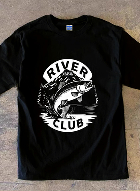 Adonis 100%纯棉重磅300克复古阿拉斯加河钓俱乐部鱼跃印花T恤