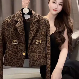领复古夹克御姐风狂野上衣 气质西装 欧货时尚 豹纹短外套女春秋新款