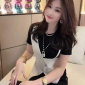 撞色设计修身 假两件吊带马甲拼接短袖 时尚 新款 上衣 T恤女2026夏季