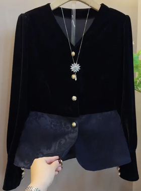 欧货高端丝绒长袖衬衫女秋2025新款提花拼接设计小衫气质V领上衣