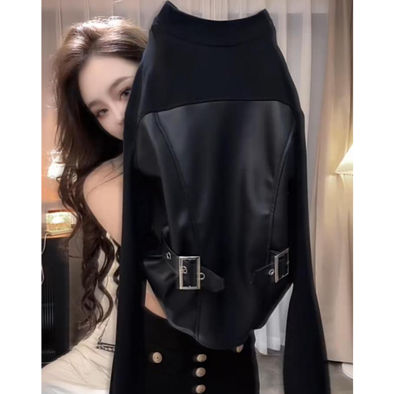 欧货高级感假两件PU皮拼接长袖T恤女2025冬季新款立领加绒打底衫
