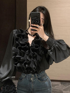 名媛时尚 新款 长袖 女秋季 别致木耳边拼接设计洋气V领上衣 衬衫 法式