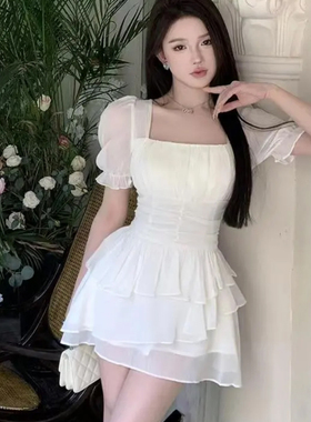 韩版温柔风甜美泡泡短袖连衣裙女夏季新款不规则荷叶拼接A字短裙