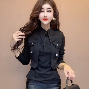 气质尖领加绒上衣 T恤女2025秋冬新款 欧货时尚 假两件拼接设计长袖