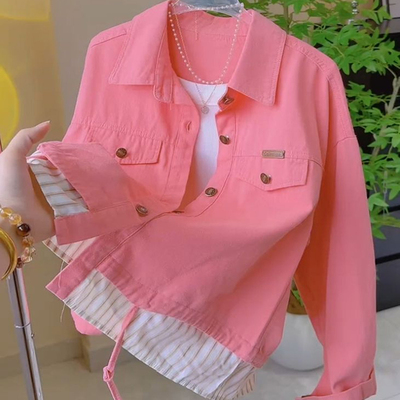 韩系假两件拼接条纹长袖衬衫外套