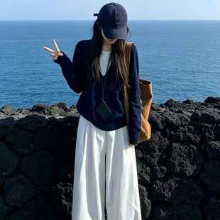 韩版时尚套装女2026秋季新款气质假两件长袖卫衣白色阔腿裤两件套
