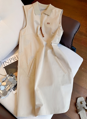 韩系简约百搭无袖连衣裙女夏季新款气质翻领时尚显瘦A字背心裙ins