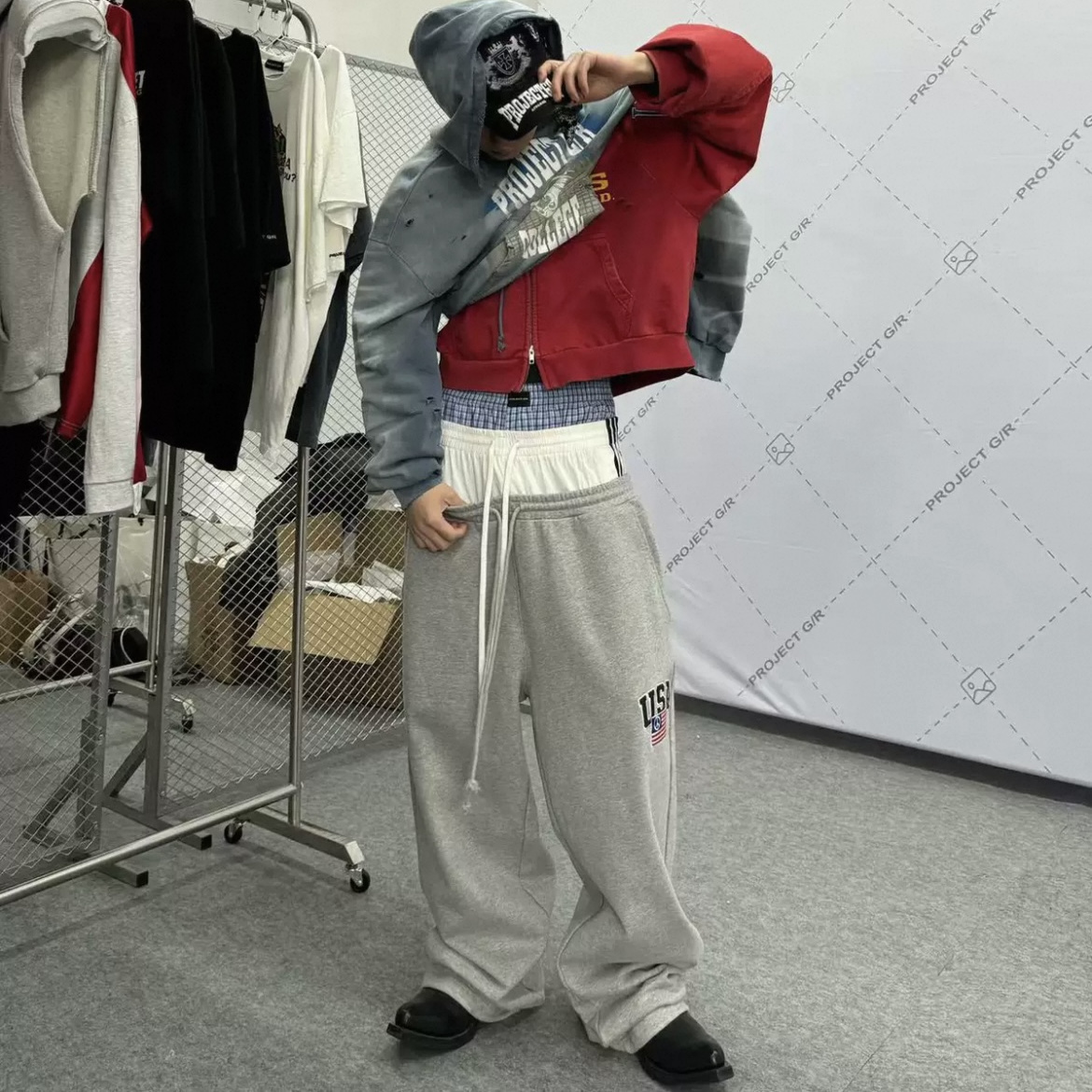 现货Grailz LEARL ProjectGR25ss假三腰拼接阔腿宽松运动卫裤男女