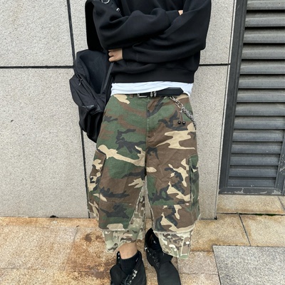 GRAILZ绿迷彩做旧阔版拼接短裤