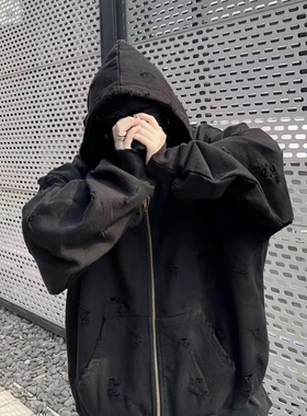 Undermycar 24fw 破坏拉链外套水洗做旧重磅连帽卫衣vibe机能ins