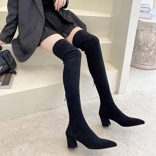 春秋粗跟尖头小个子过膝长靴