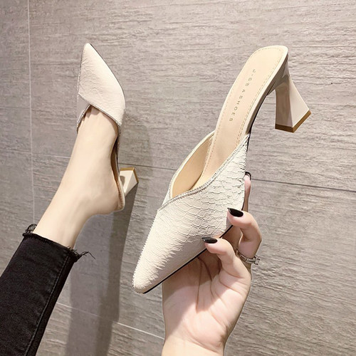 网红仙女风尖头高跟试衣半拖鞋