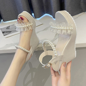 2026夏季 新款 百搭淑女法式 坡跟一字扣带凉鞋 罗马防水台厚底高跟鞋