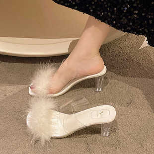 女外穿2024新款 仙女风毛毛拖鞋 夏季 透明一字带水晶粗高跟凉拖鞋 潮