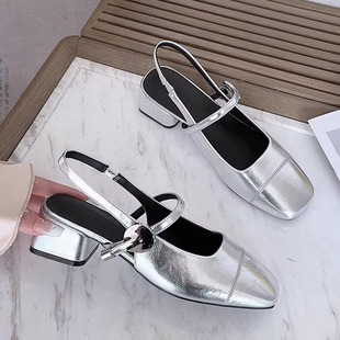 银色玛丽珍单鞋 高跟鞋 春夏外穿配裙子法式 女2026新款 粗跟包头凉鞋