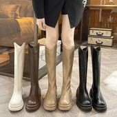 显腿直长筒骑士靴子女厚底2026春秋新款 黑色高筒不过膝粗跟瘦瘦靴